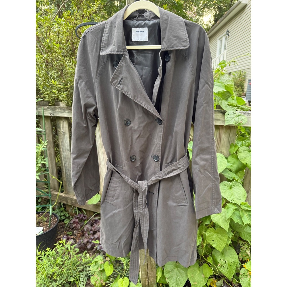Old Navy Womens Gray Double Breasted Trench Coat Belted Jacket Size L Large